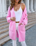 Open Front Duster Cardigan With Patch Pockets - Pink