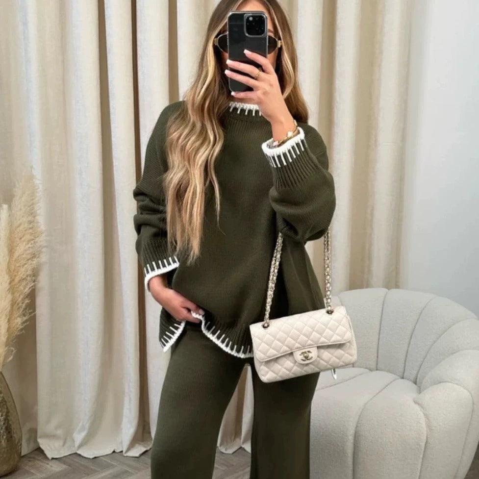 Whipstitch Trim Oversized Knit Lounge Set - ArmyGreen