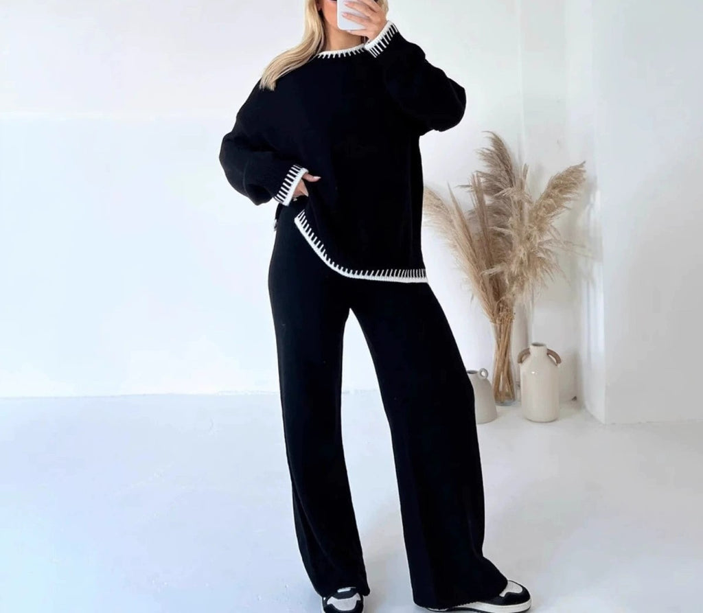 Whipstitch Trim Oversized Knit Lounge Set - Black