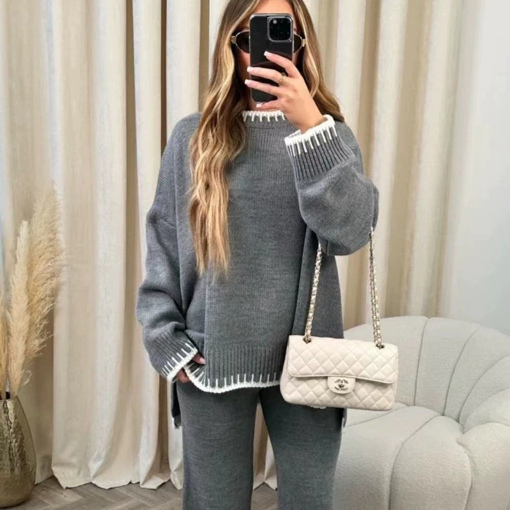 Whipstitch Trim Oversized Knit Lounge Set - Gray