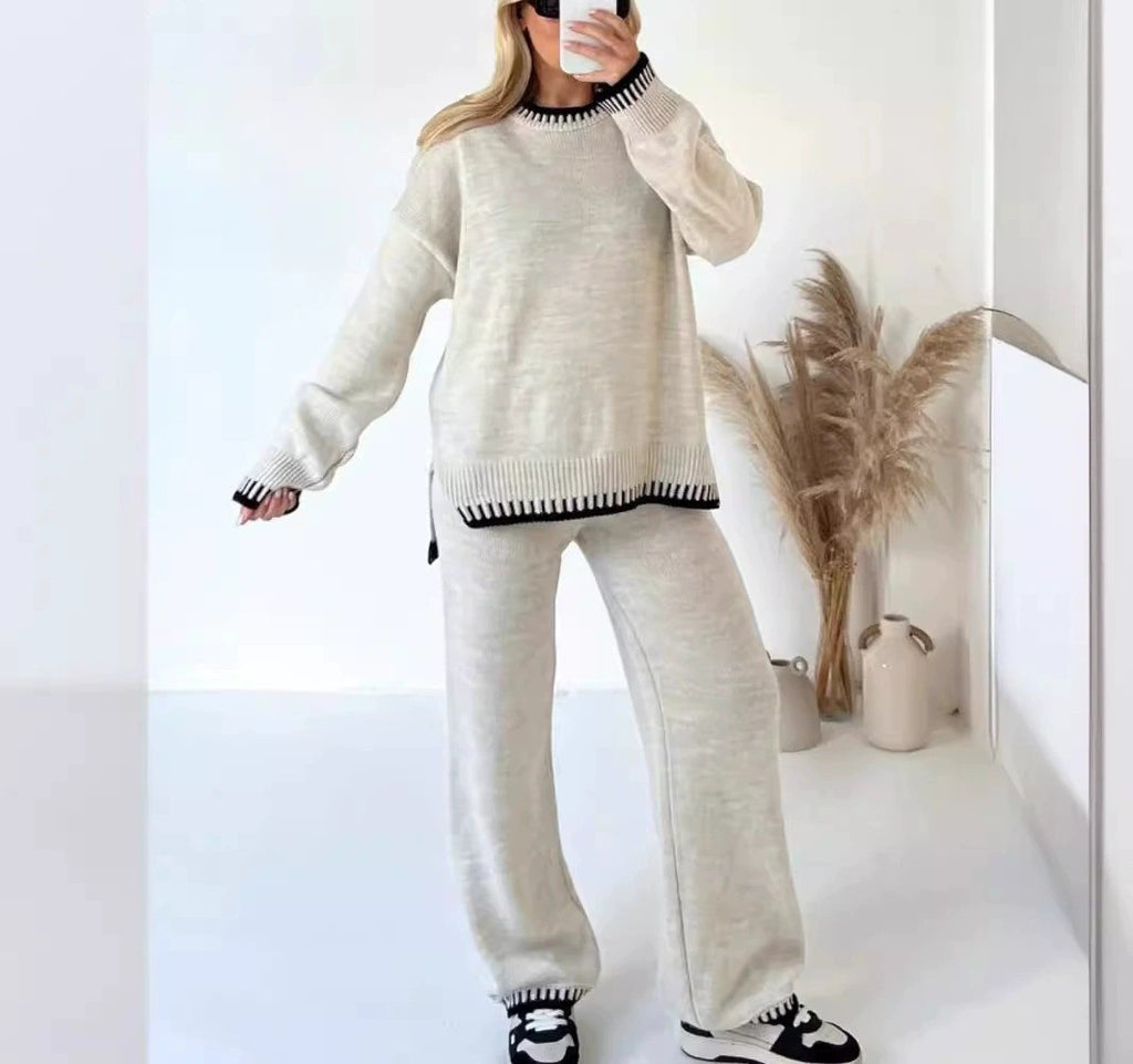 Whipstitch Trim Oversized Knit Lounge Set - OffWhite