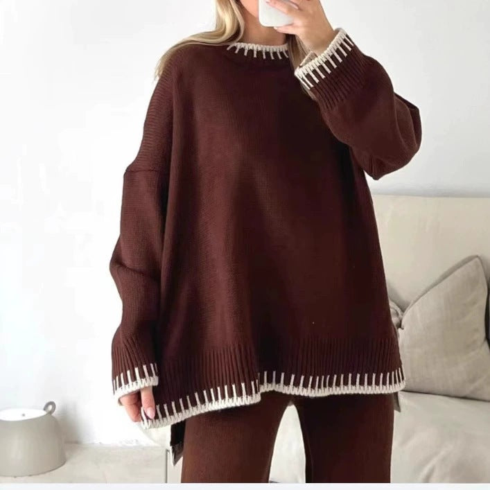 Whipstitch Trim Oversized Knit Lounge Set - WineRed