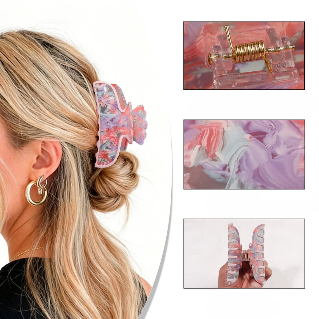 Large Marbled Acrylic Claw Clip with Wavy Crown - Pink - 1