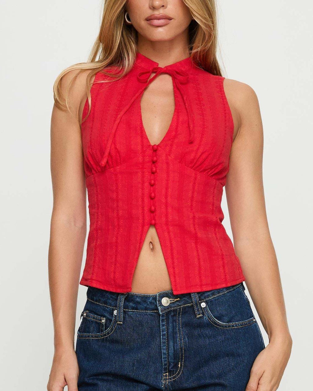 Tie Collar Button Front Sleeveless Crop Tank - Red