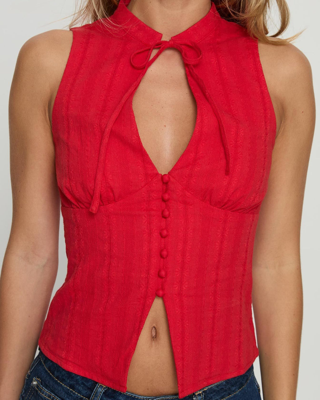 Tie Collar Button Front Sleeveless Crop Tank - Red - 1