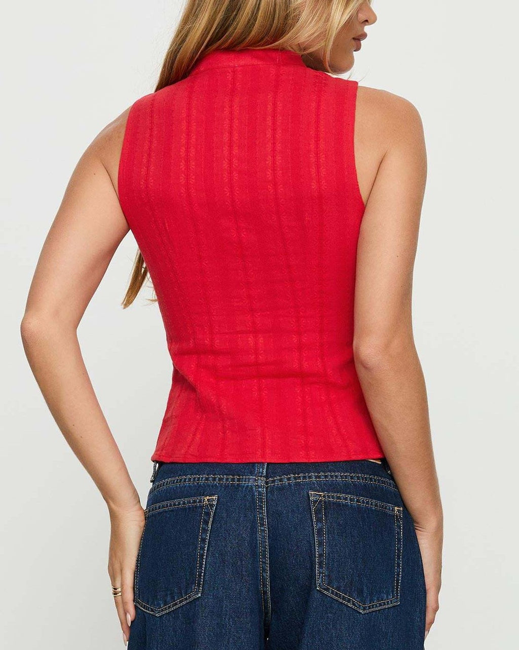 Tie Collar Button Front Sleeveless Crop Tank - Red - 2