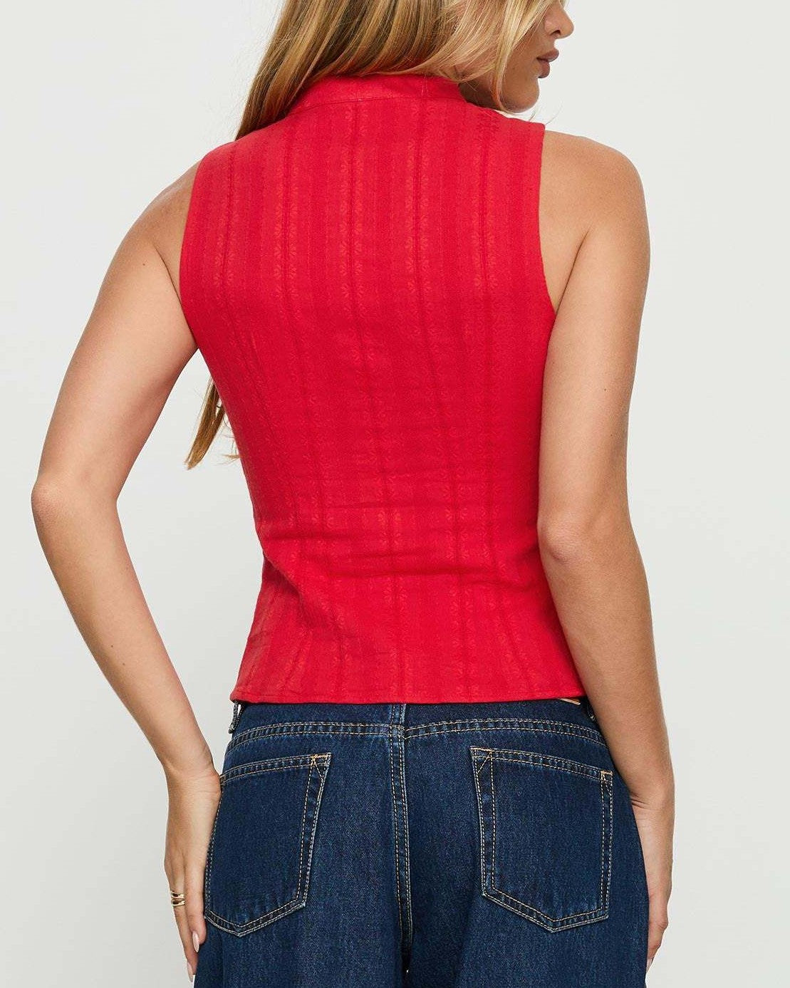Tie Collar Button Front Sleeveless Crop Tank - Red - 2