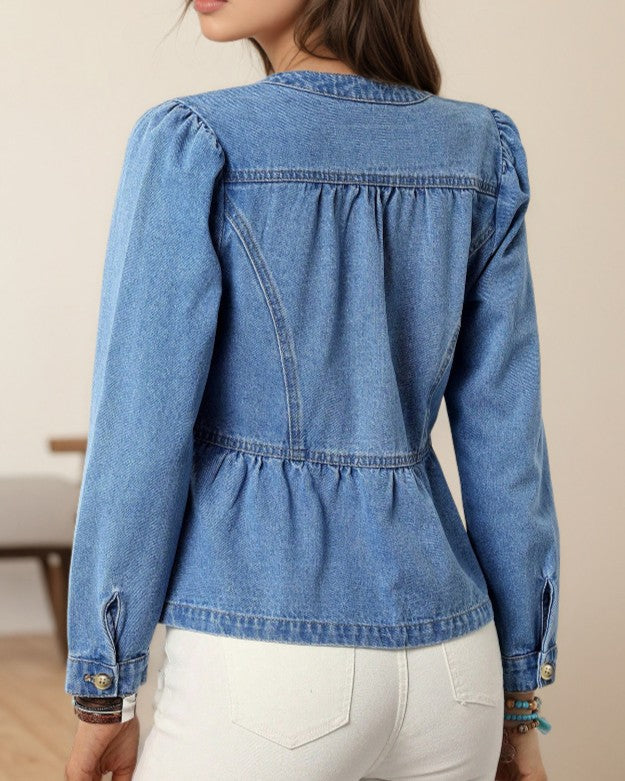 Peplum Denim Jacket With Puff Sleeves - Blue - 3