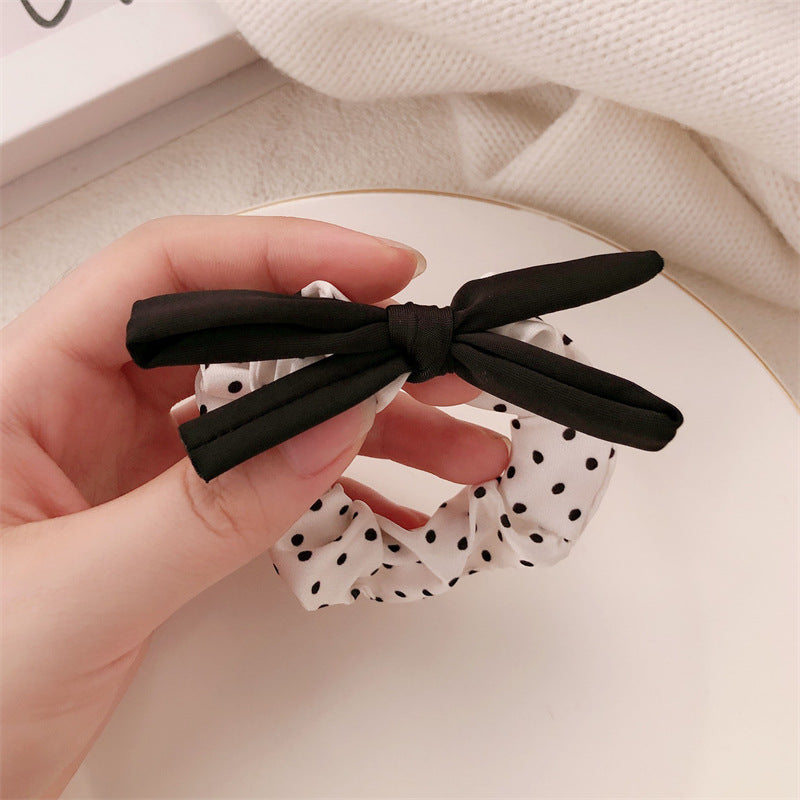 Knotted Bow Scrunchie With Polka Dots - Beige