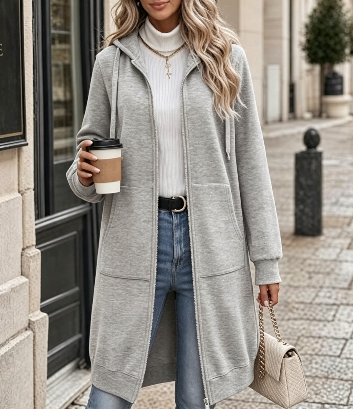 Longline Zip Up Hoodie With Pockets - Grey