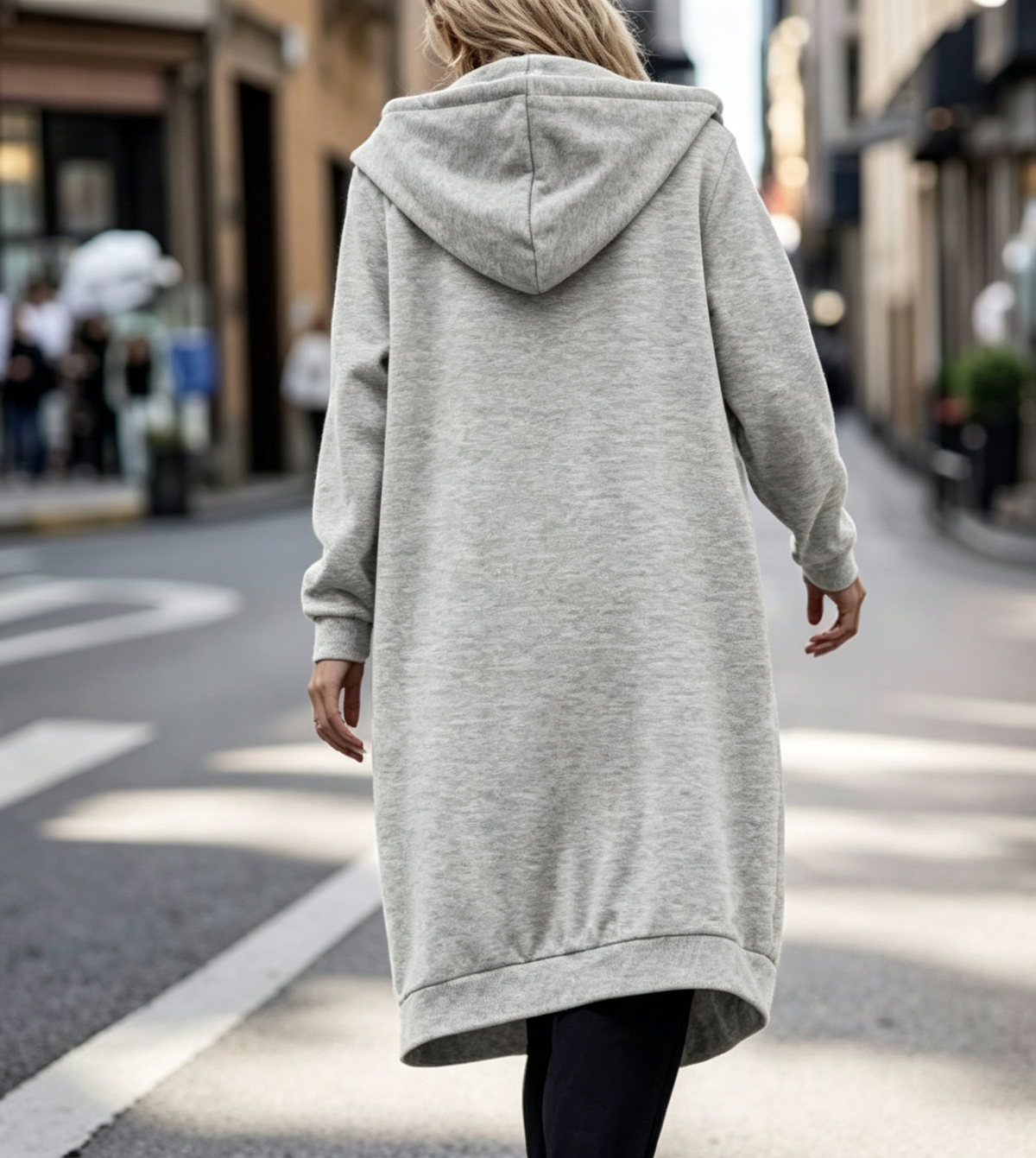 Longline Zip Up Hoodie With Pockets - Grey - 1