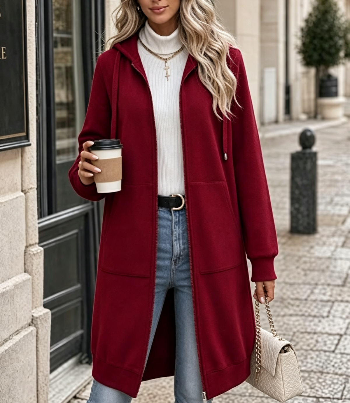 Longline Zip Up Hoodie With Pockets - Wine_Red