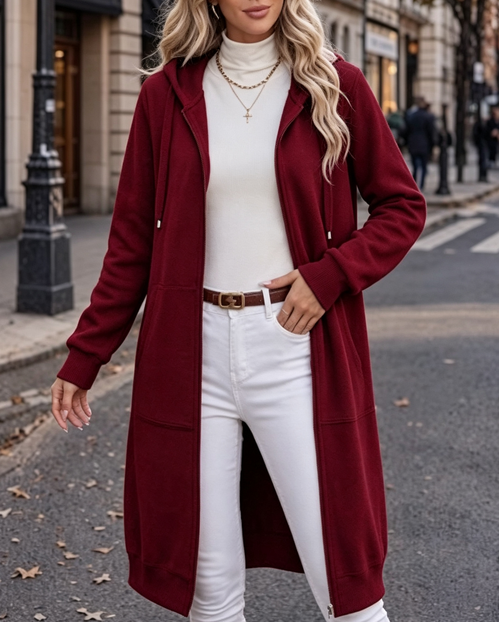 Longline Zip Up Hoodie With Pockets - Wine_Red - 1