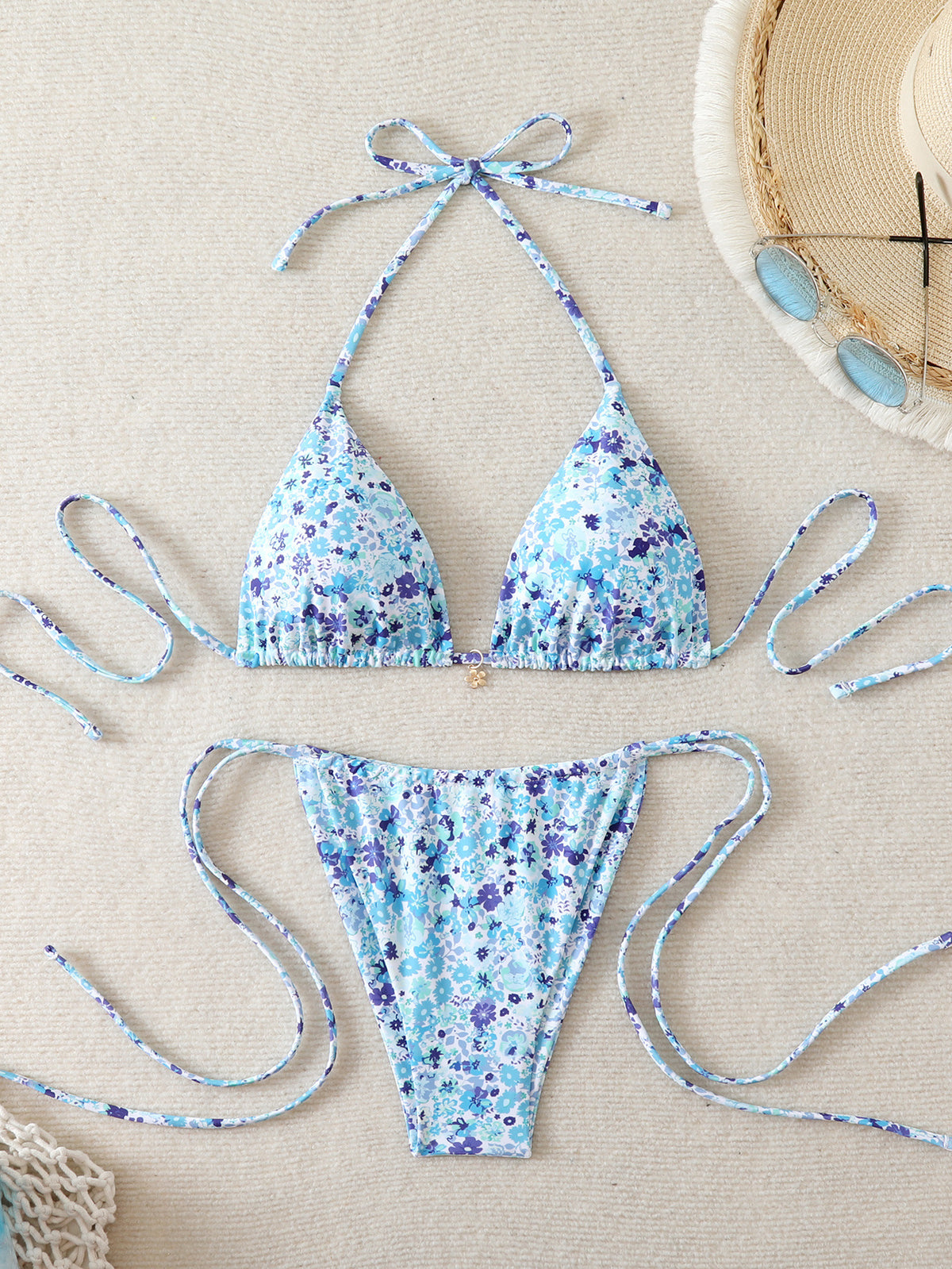 Fruit and Floral Print Triangle Bikini Set - Blue