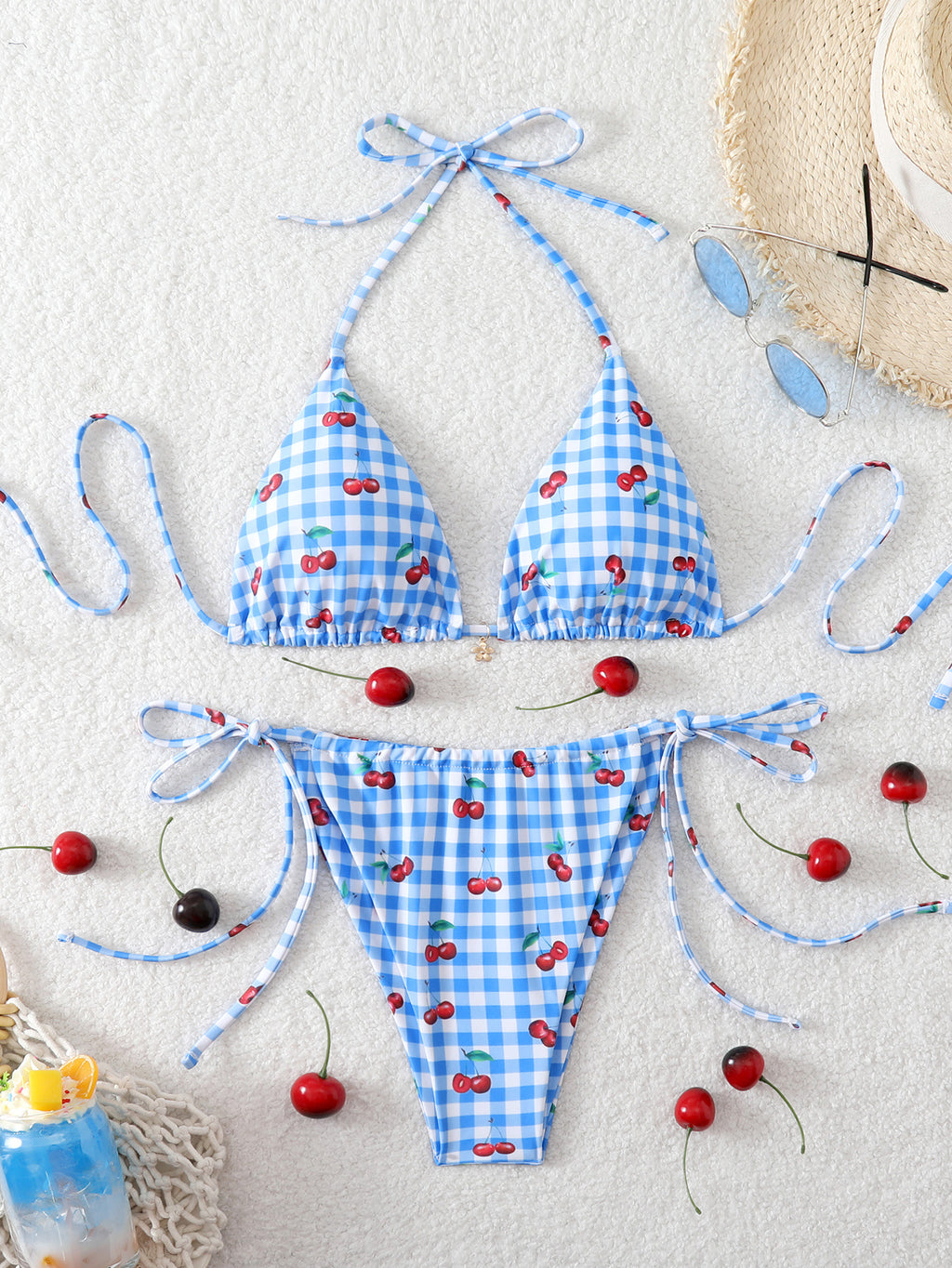 Fruit and Floral Print Triangle Bikini Set - BlueGrid
