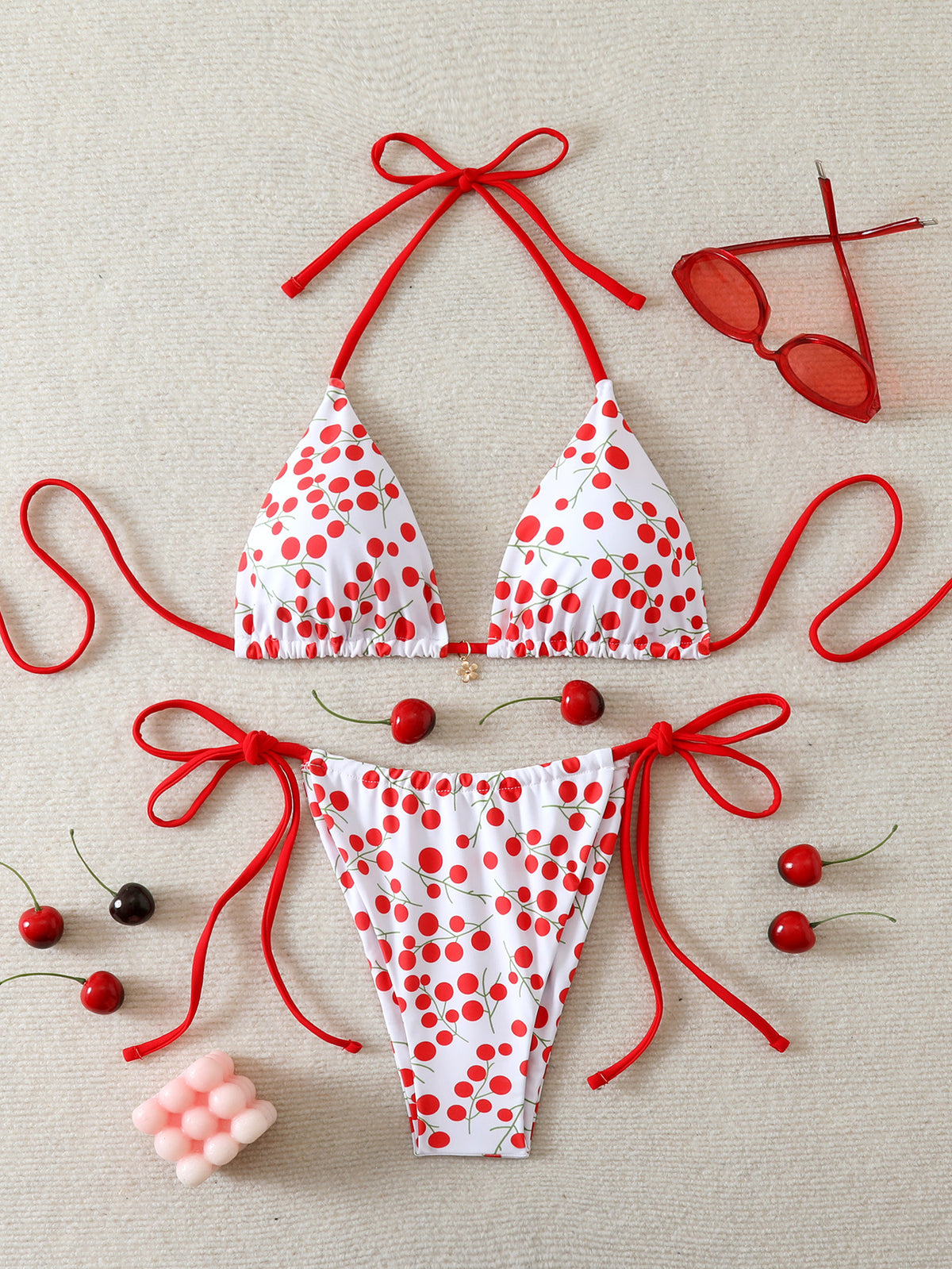Fruit and Floral Print Triangle Bikini Set - Cherry - 1