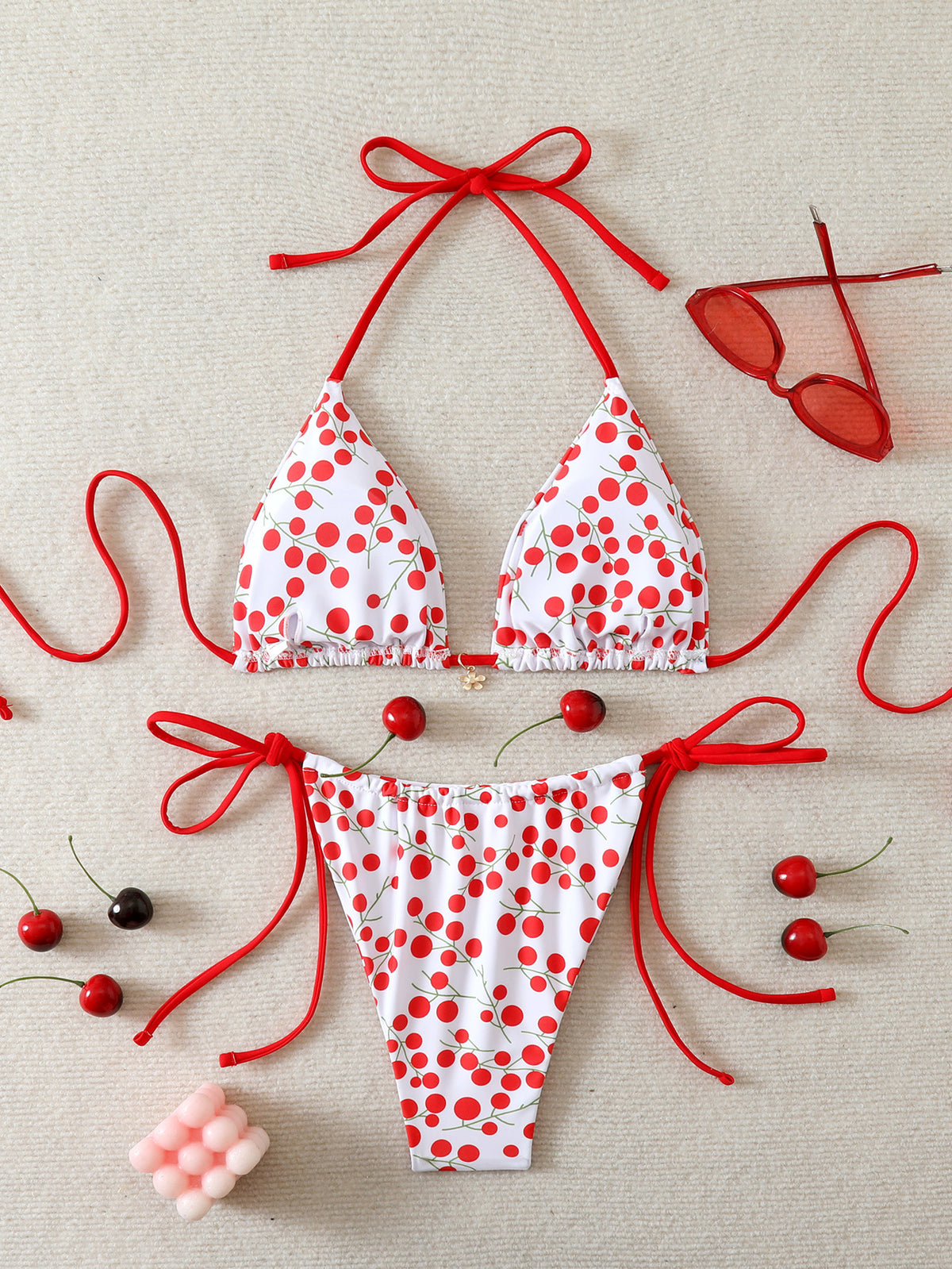 Fruit and Floral Print Triangle Bikini Set - Cherry - 2