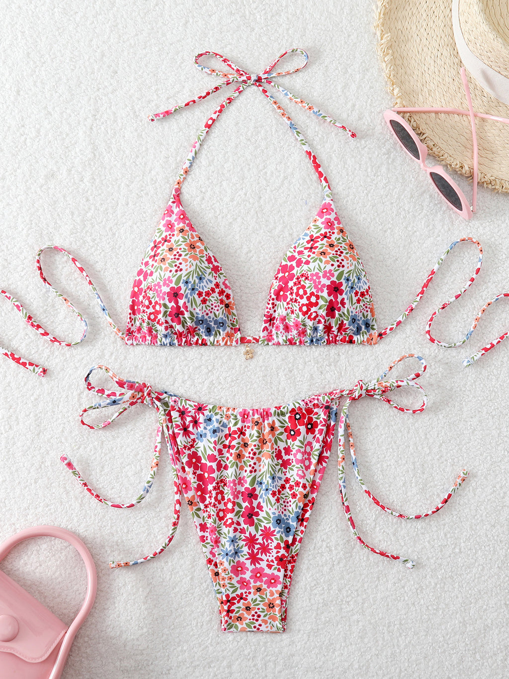 Fruit and Floral Print Triangle Bikini Set - Red