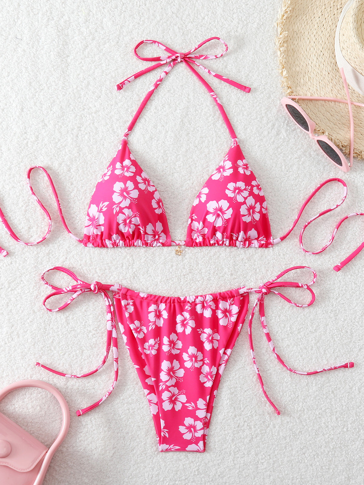 Fruit and Floral Print Triangle Bikini Set - Rosered
