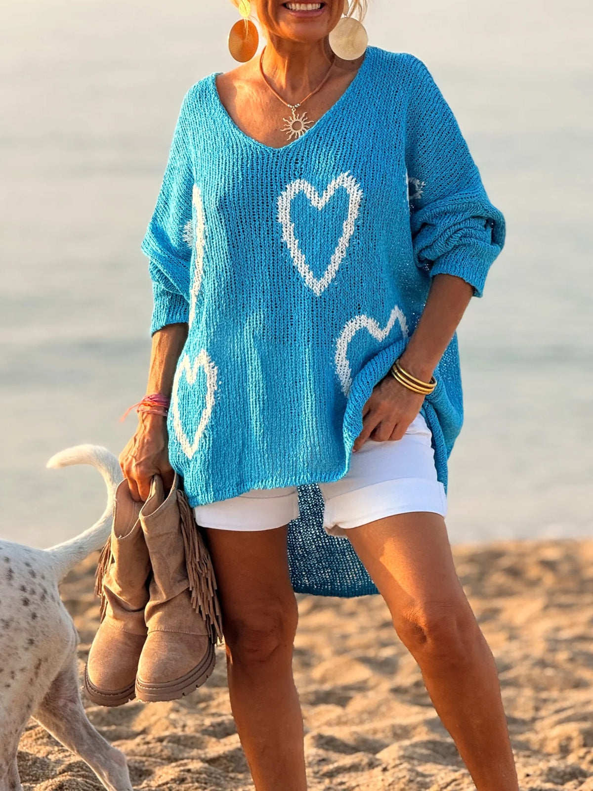 Heart Motif Oversized V Neck Knit Sweater - Blue - 3