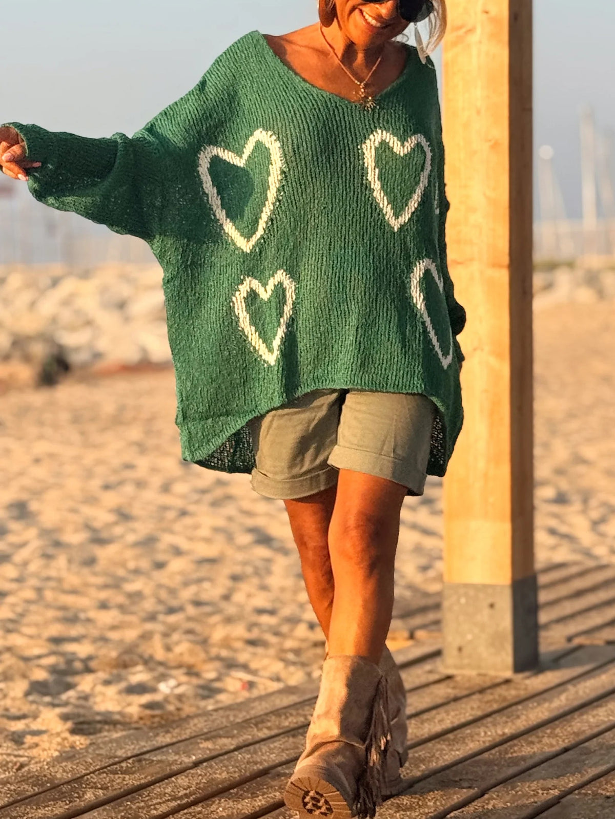 Heart Motif Oversized V Neck Knit Sweater - Green