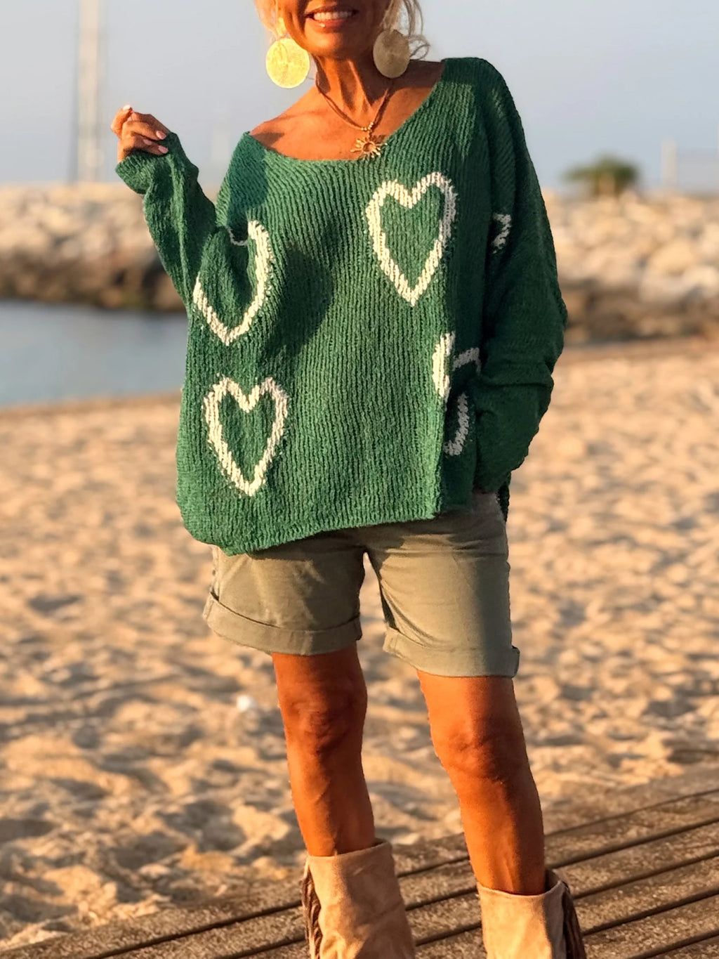 Heart Motif Oversized V Neck Knit Sweater - Green - 1