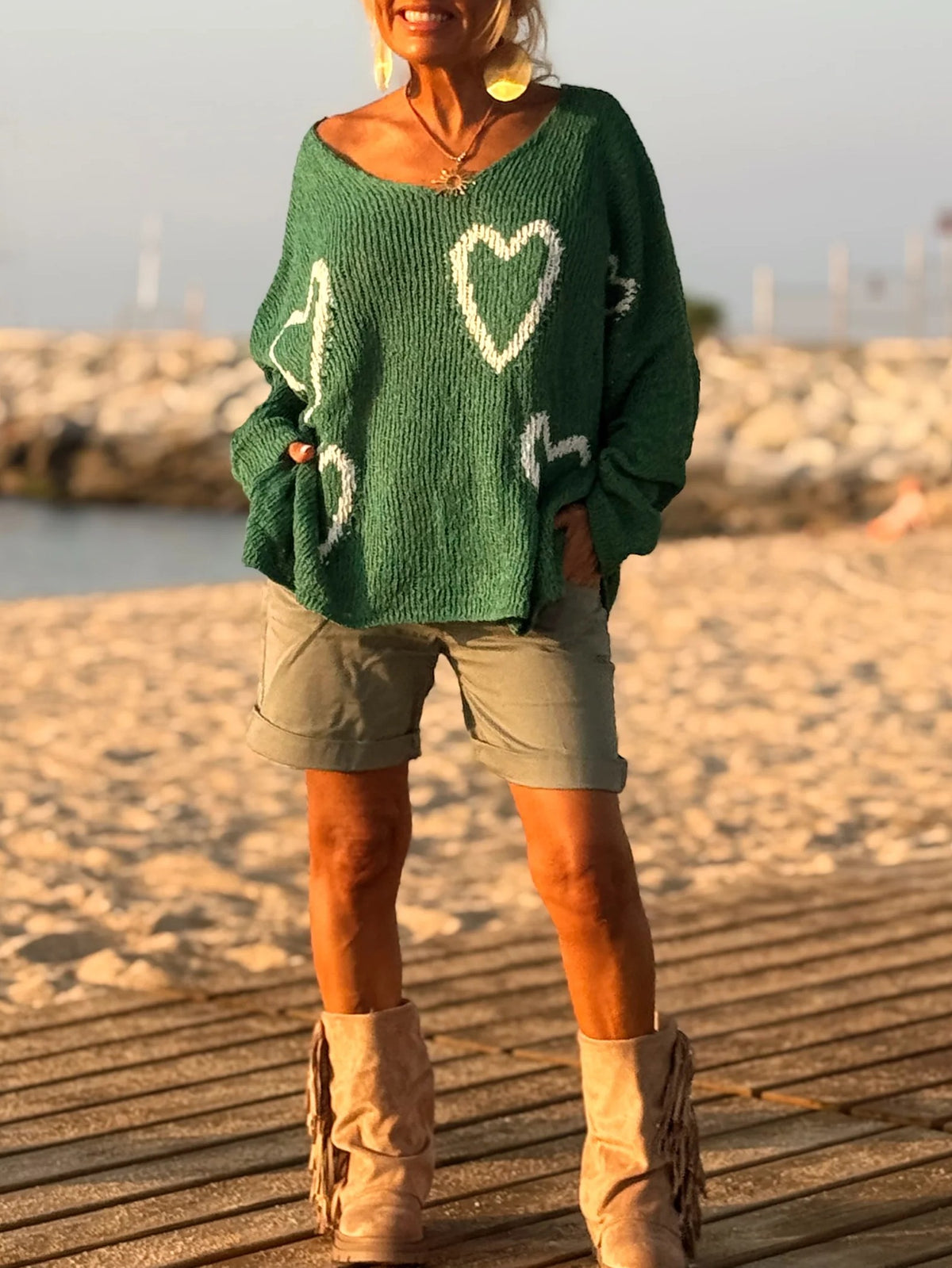 Heart Motif Oversized V Neck Knit Sweater - Green - 2