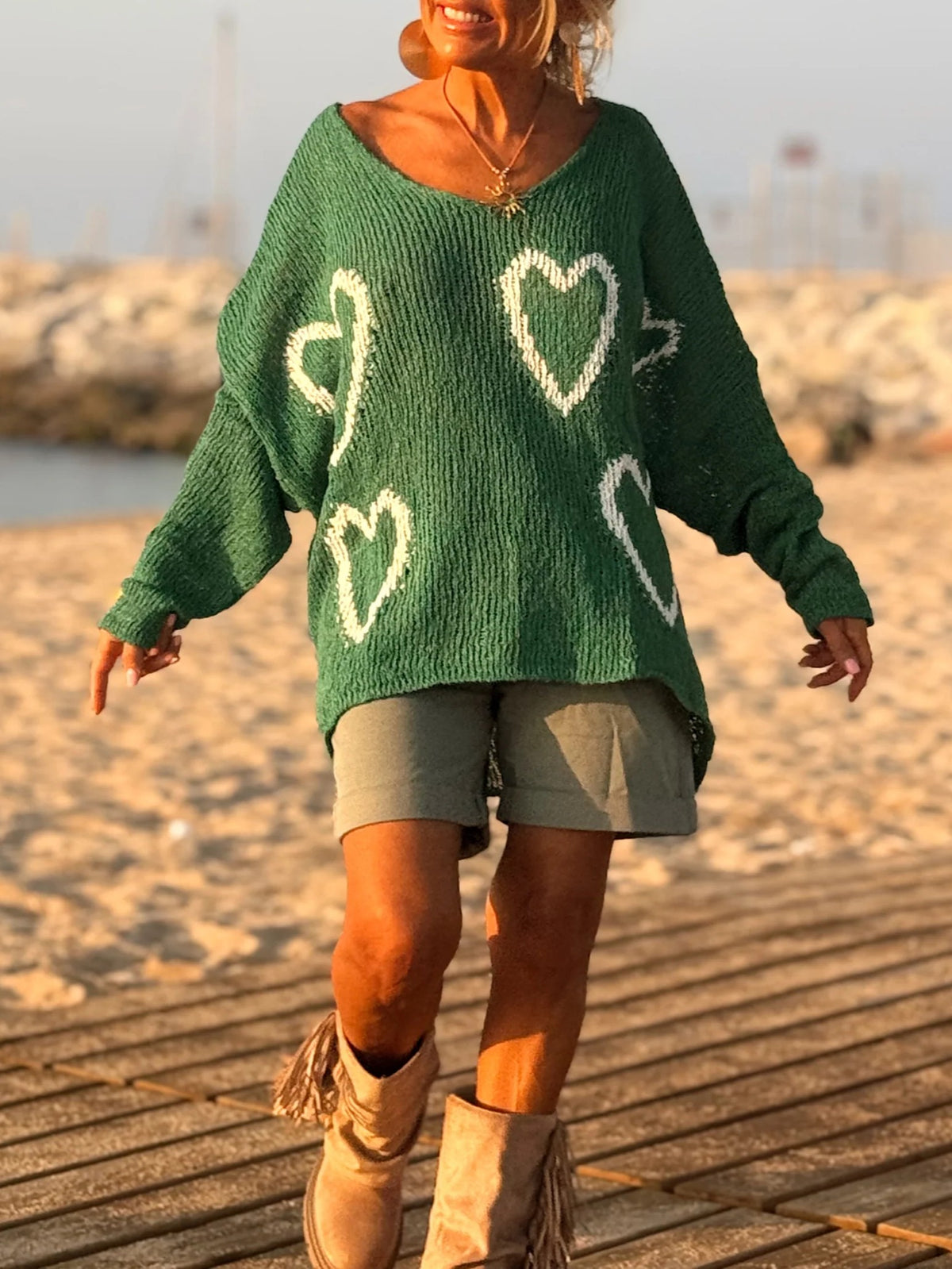 Heart Motif Oversized V Neck Knit Sweater - Green - 3