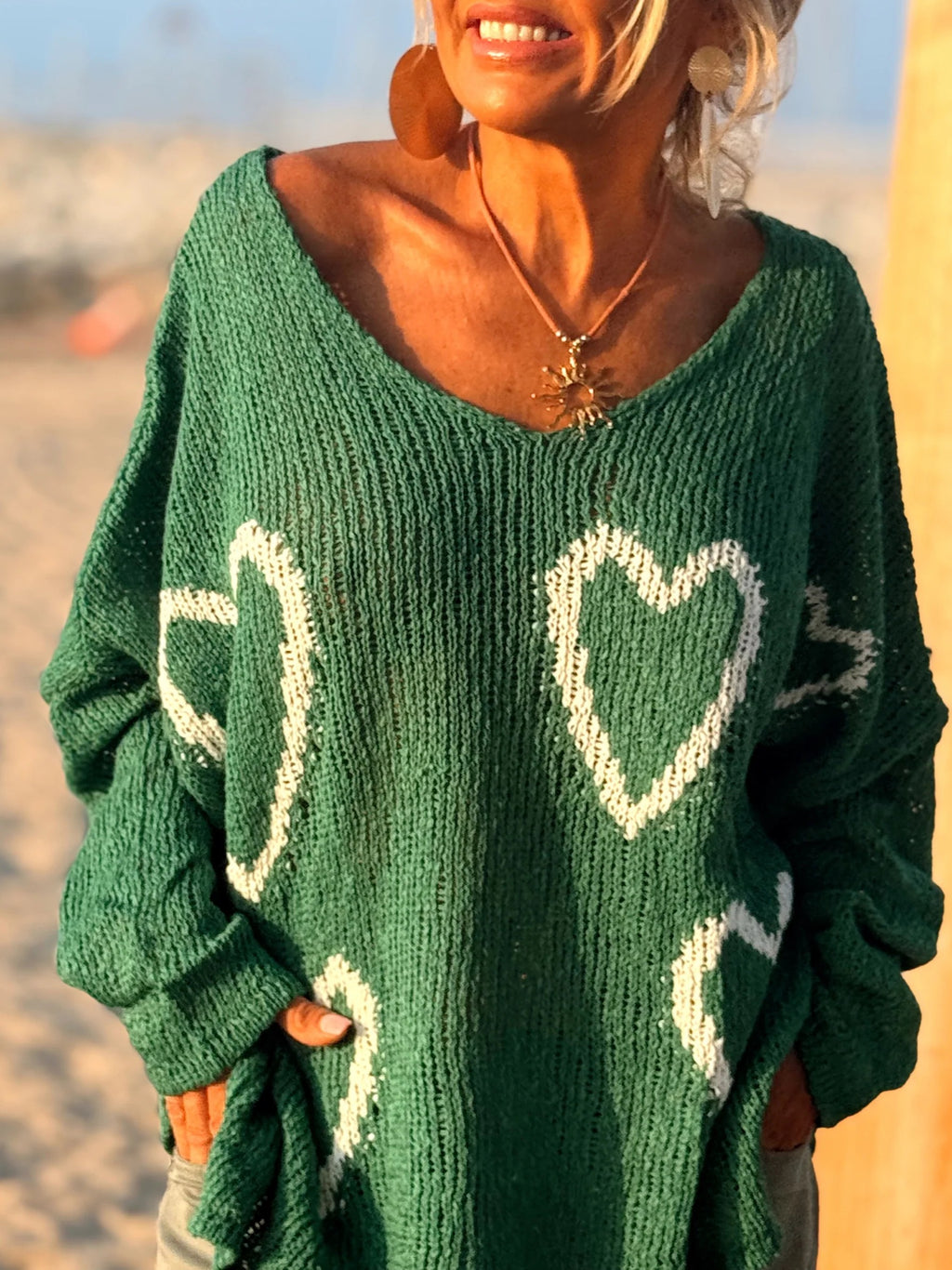 Heart Motif Oversized V Neck Knit Sweater - Green - 4