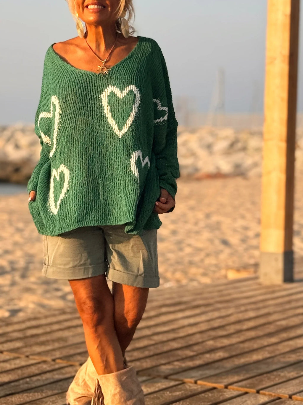 Heart Motif Oversized V Neck Knit Sweater - Green - 5