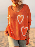 Heart Motif Oversized V Neck Knit Sweater - Orange
