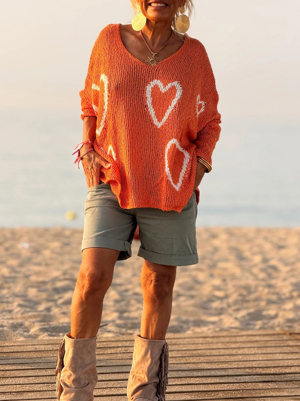 Heart Motif Oversized V Neck Knit Sweater - Orange - 1