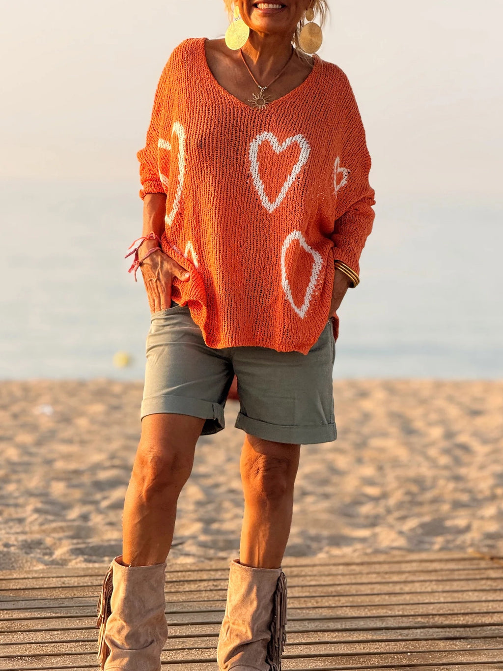 Heart Motif Oversized V Neck Knit Sweater - Orange - 2