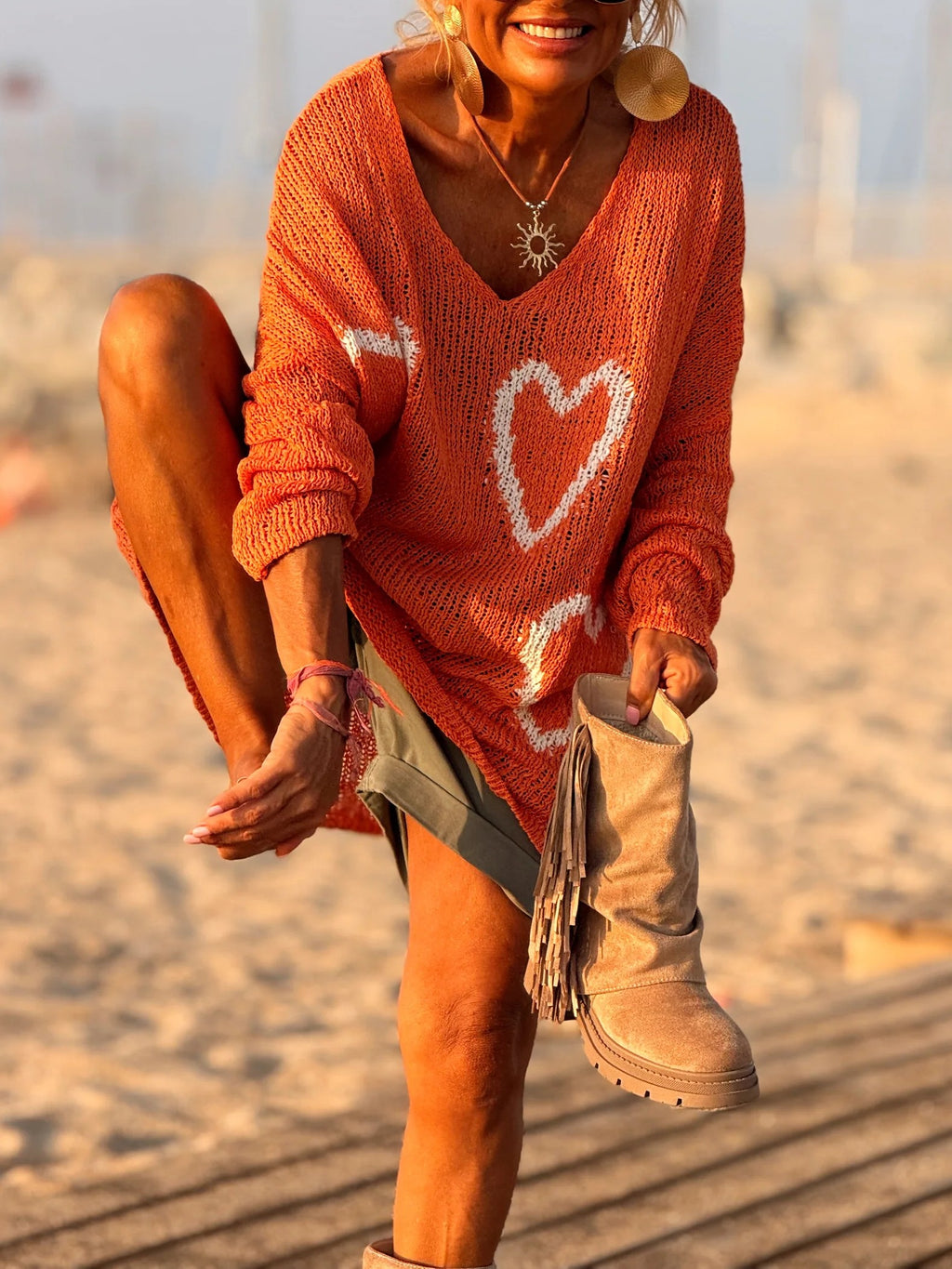 Heart Motif Oversized V Neck Knit Sweater - Orange - 3