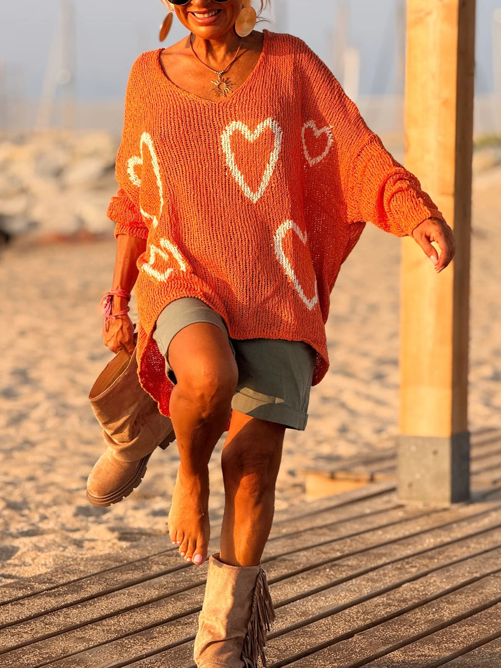 Heart Motif Oversized V Neck Knit Sweater - Orange - 4