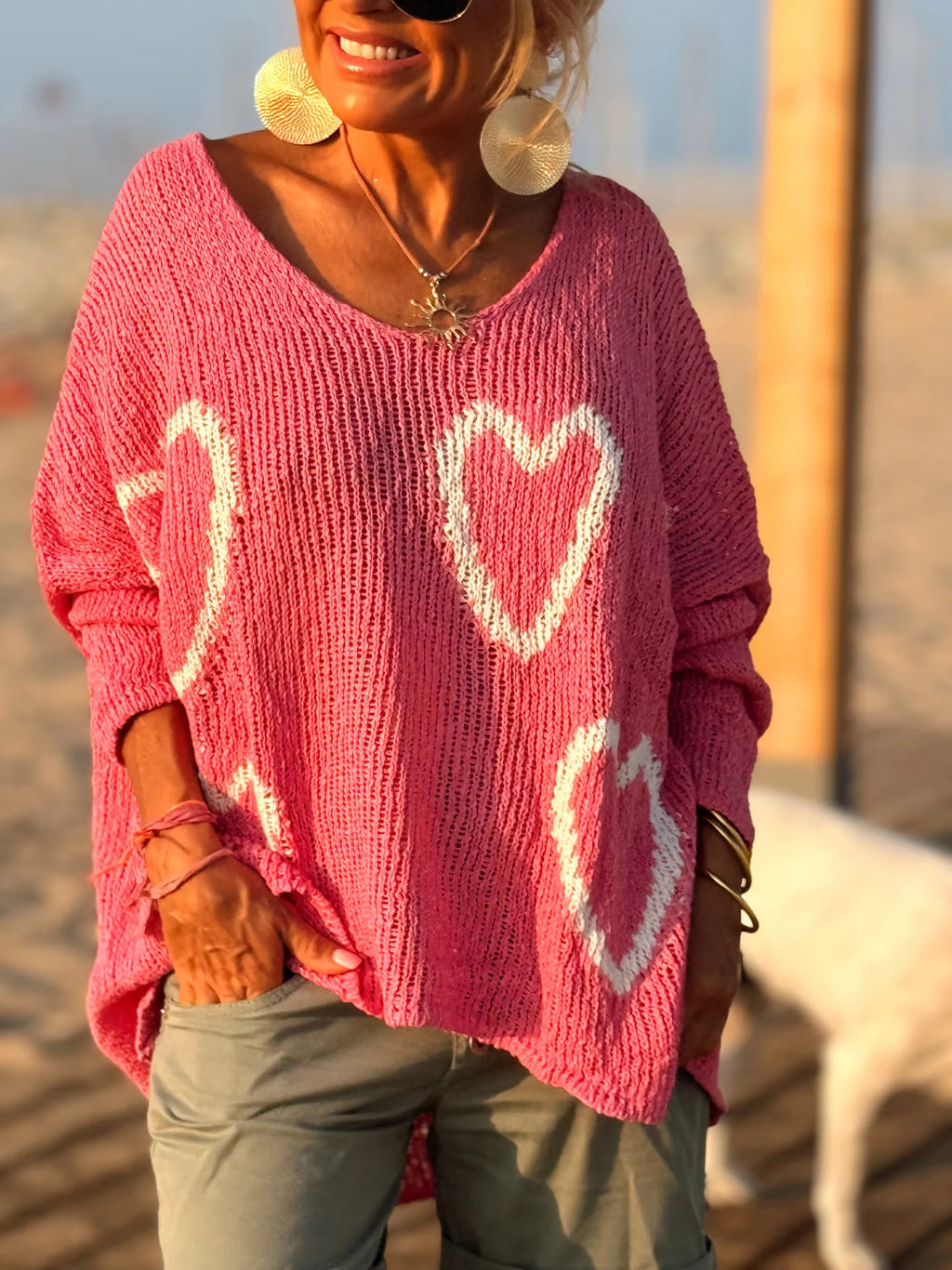 Heart Motif Oversized V Neck Knit Sweater - Pink