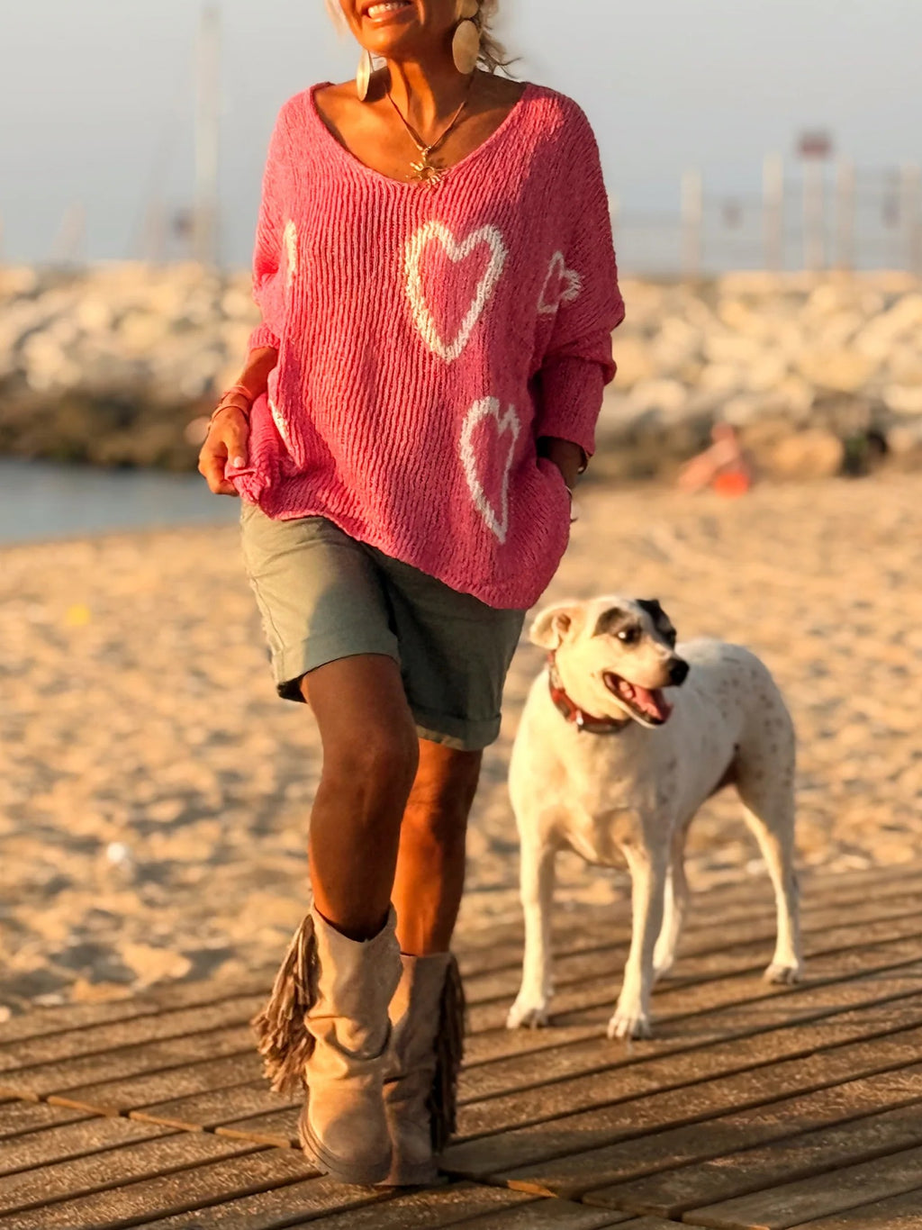 Heart Motif Oversized V Neck Knit Sweater - Pink - 1