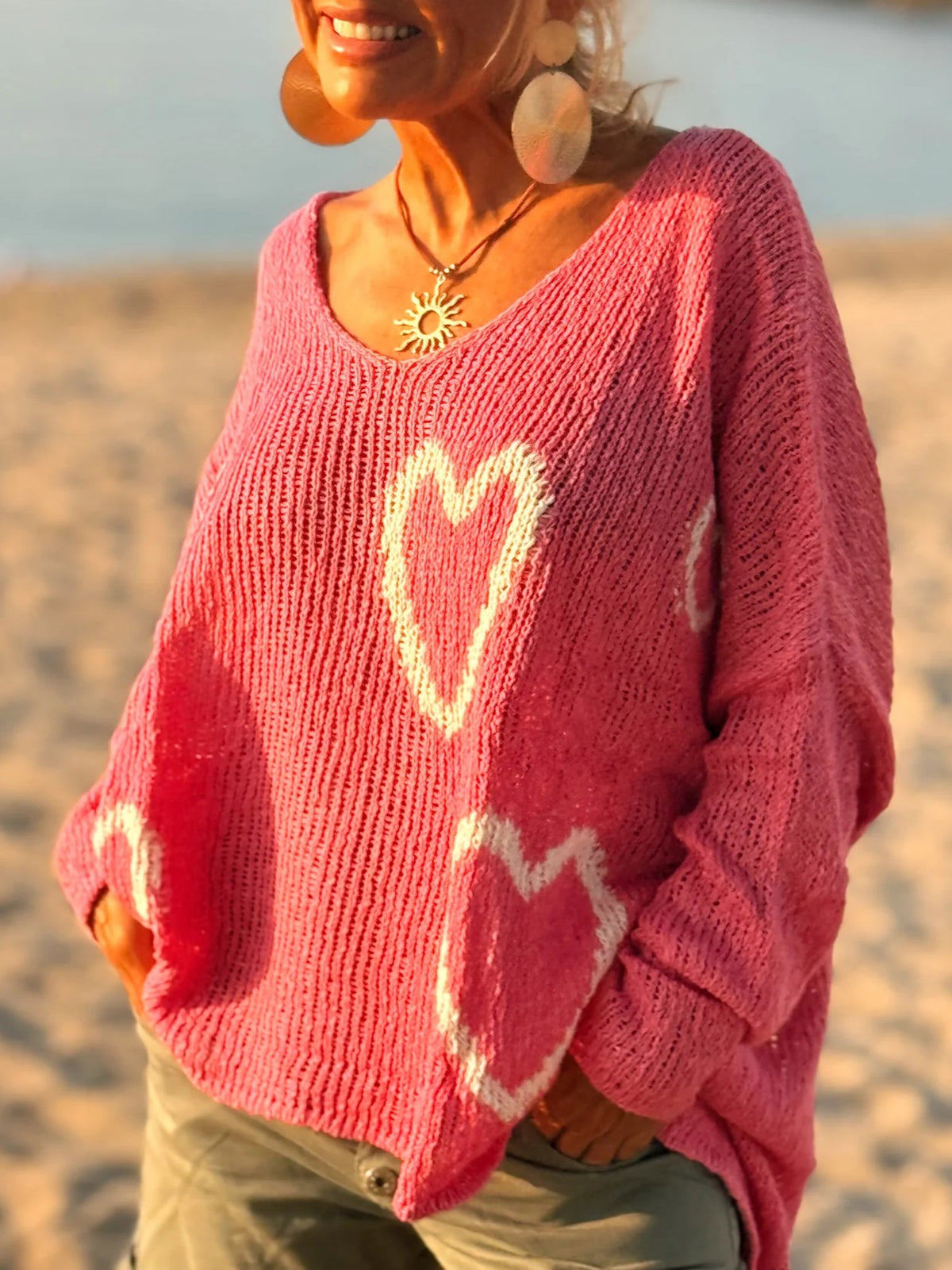 Heart Motif Oversized V Neck Knit Sweater - Pink - 3