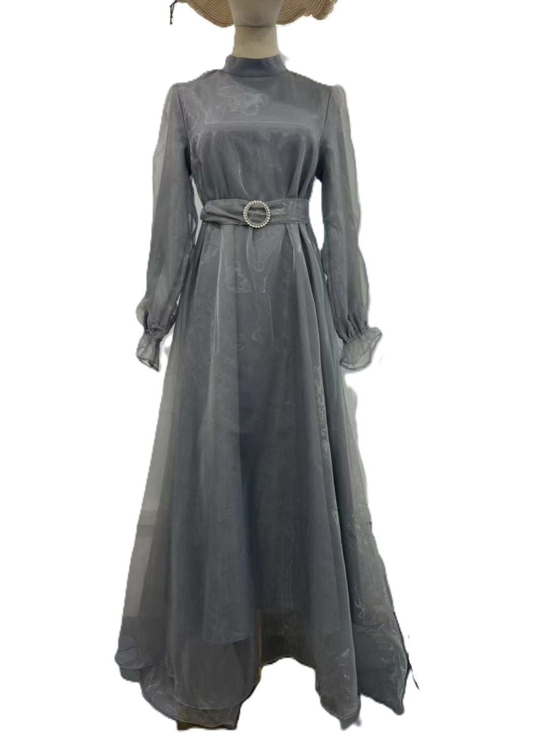 Organza Belted Puff Sleeve Maxi Dress - Grey