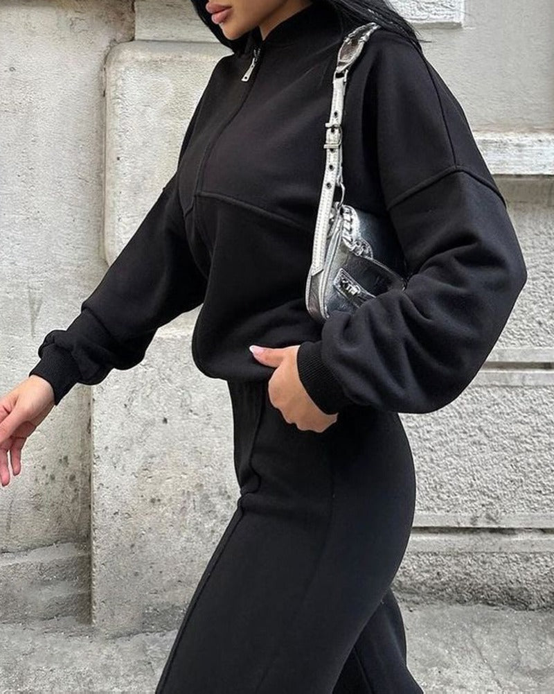Cropped Zip Bomber Wide Leg Athletic Tracksuit - Black