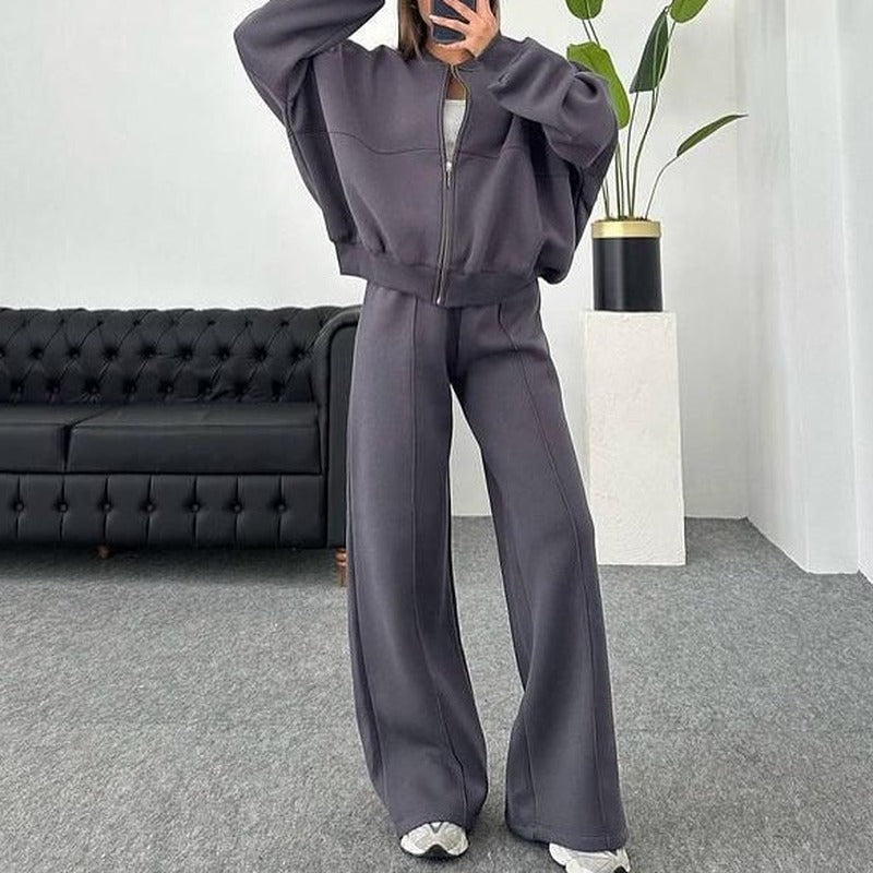 Cropped Zip Bomber Wide Leg Athletic Tracksuit - Charcoal
