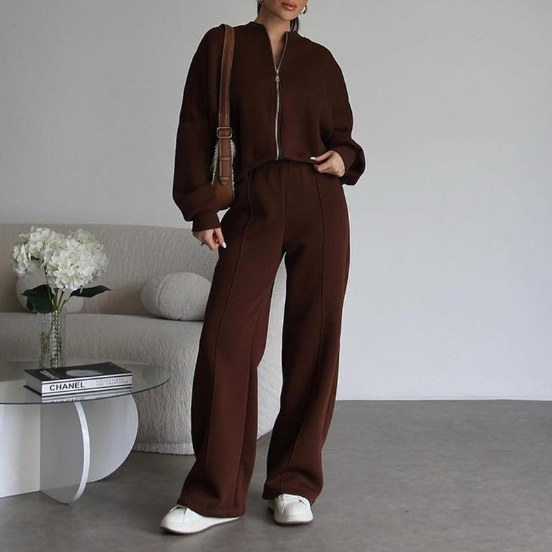 Cropped Zip Bomber Wide Leg Athletic Tracksuit - Chocolate