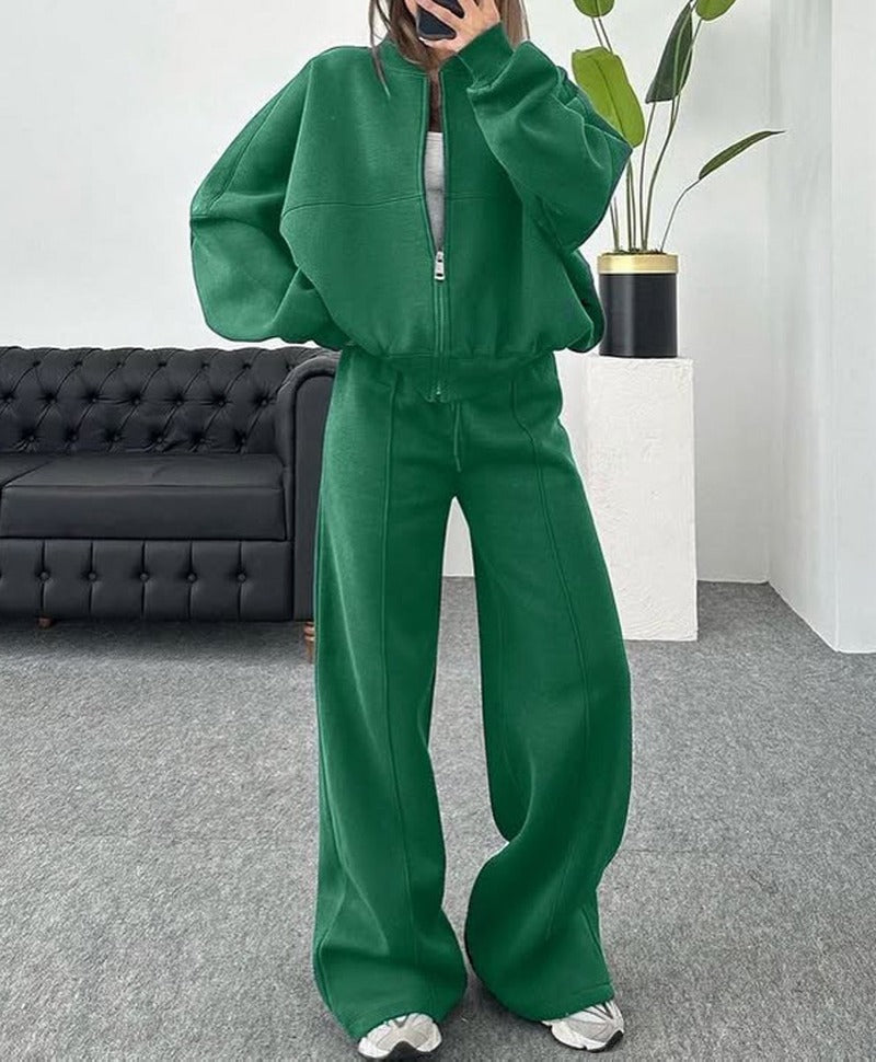 Cropped Zip Bomber Wide Leg Athletic Tracksuit - Kelly Green