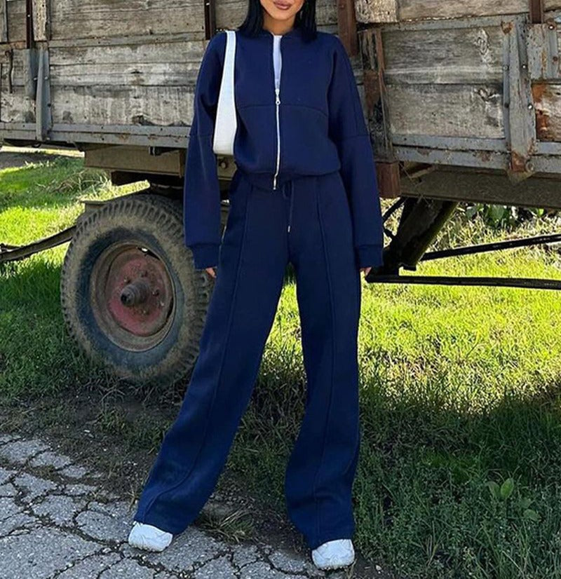 Cropped Zip Bomber Wide Leg Athletic Tracksuit - Navy