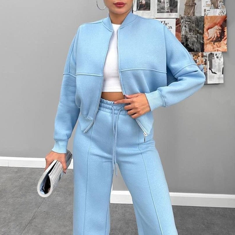 Cropped Zip Bomber Wide Leg Athletic Tracksuit - Sky Blue