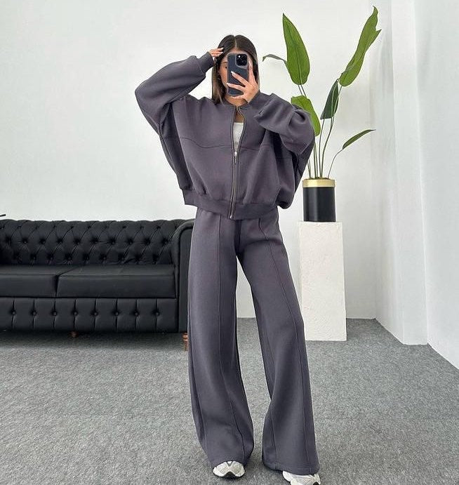 Cropped Zip Bomber Wide Leg Athletic Tracksuit