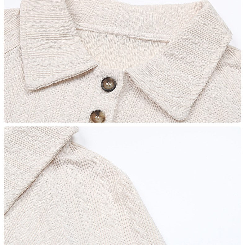 Collared Ribbed Knit Top Button Placket - Apricot - 1