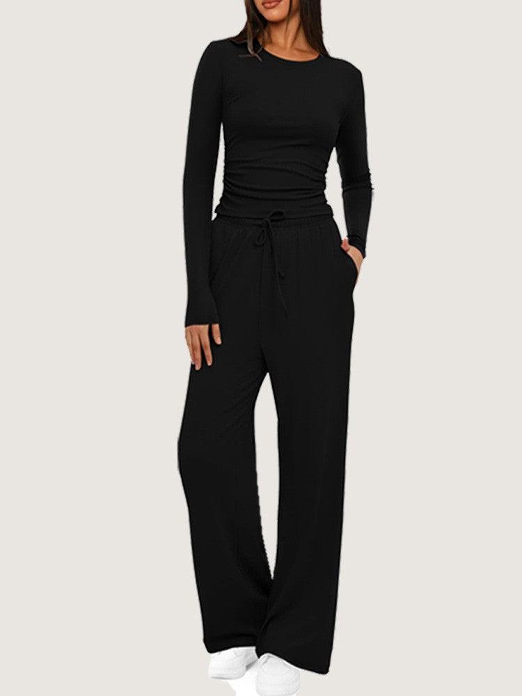 Side Ruched Crop Top Wide Leg Yoga Pants Set - Black
