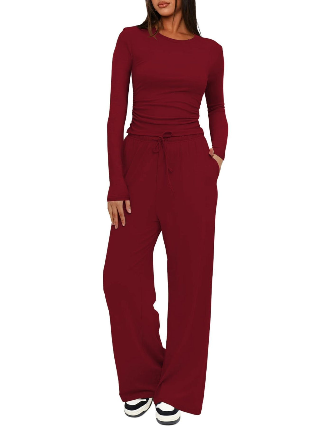 Side Ruched Crop Top Wide Leg Yoga Pants Set - Burgundy