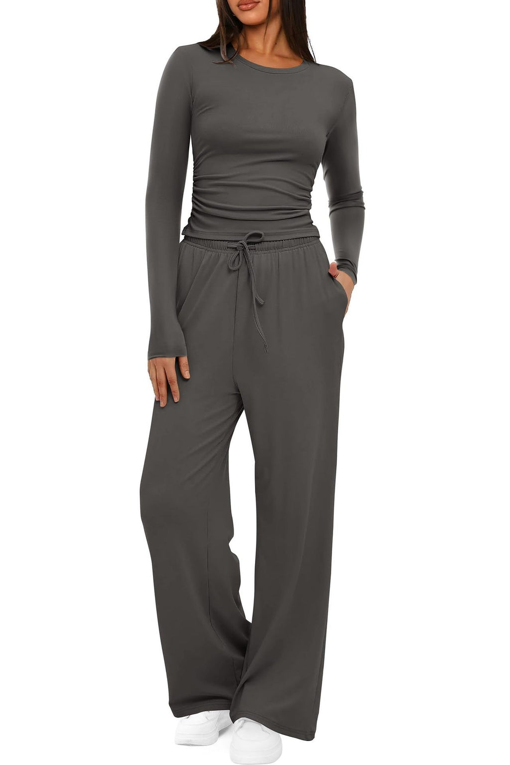 Side Ruched Crop Top Wide Leg Yoga Pants Set - Charcoal